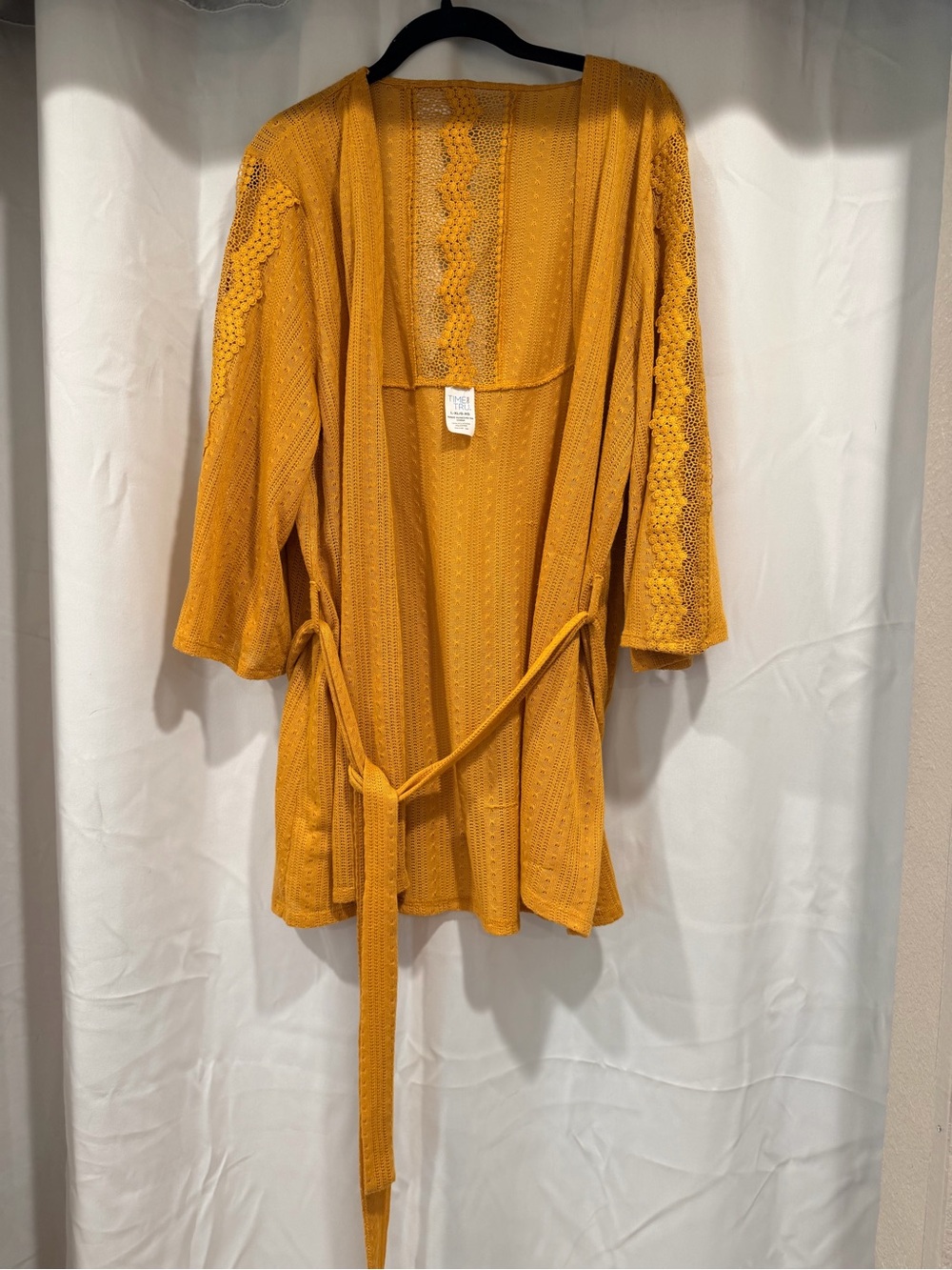 Time and Tru Mustard Yellow Crochet Cardigan • Open Front • Tie Waist